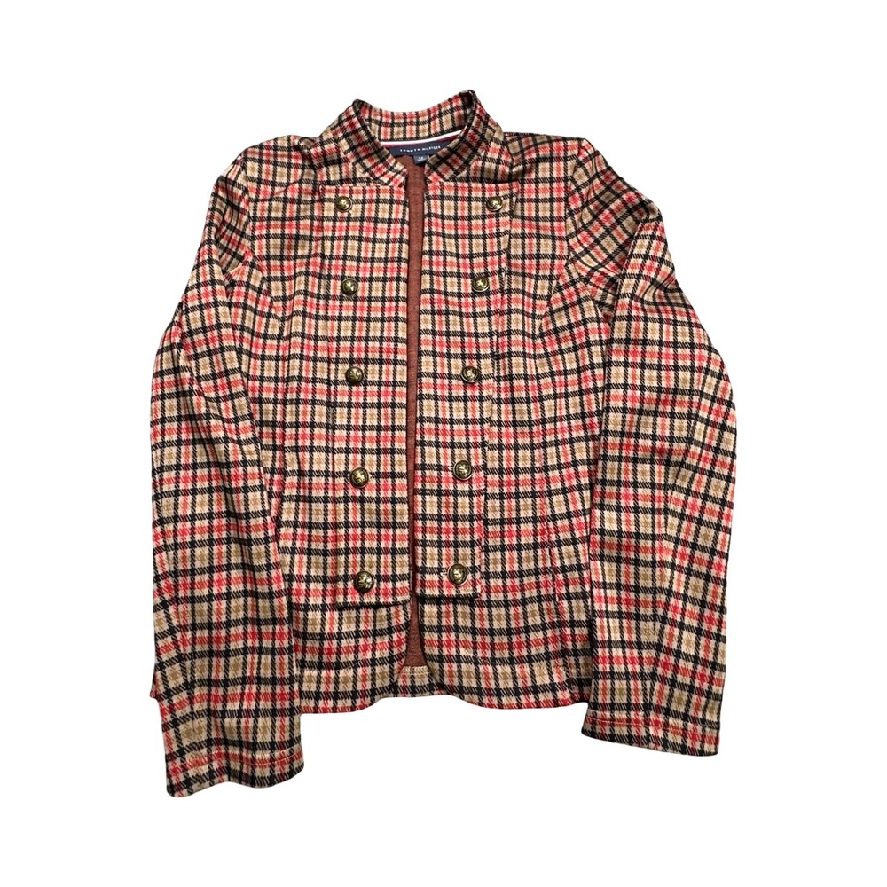 Tommy Hilfiger Jacket Womens S Red Plaid Double Breasted Gold Button Military